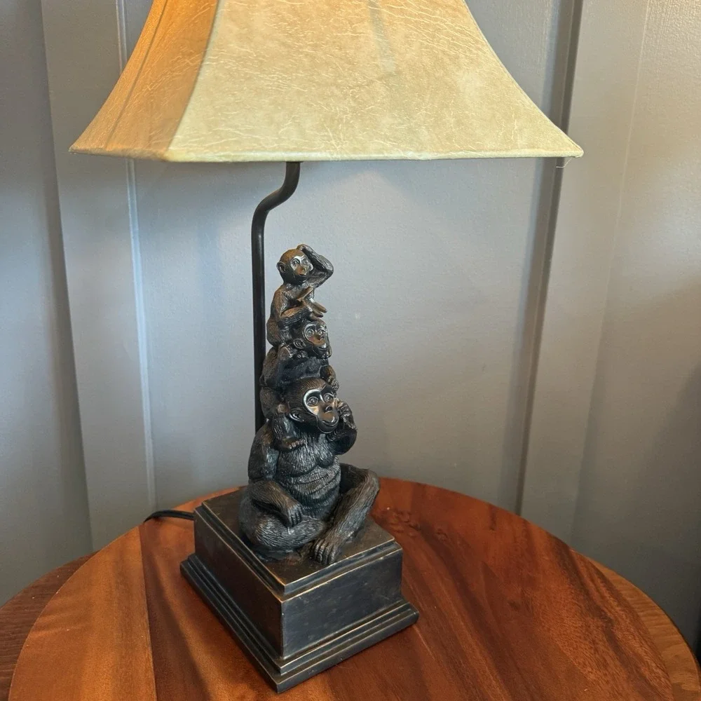 Vintage Monkey Stack Table Lamp Resin Safari Jungle Faux Leather Shade 21